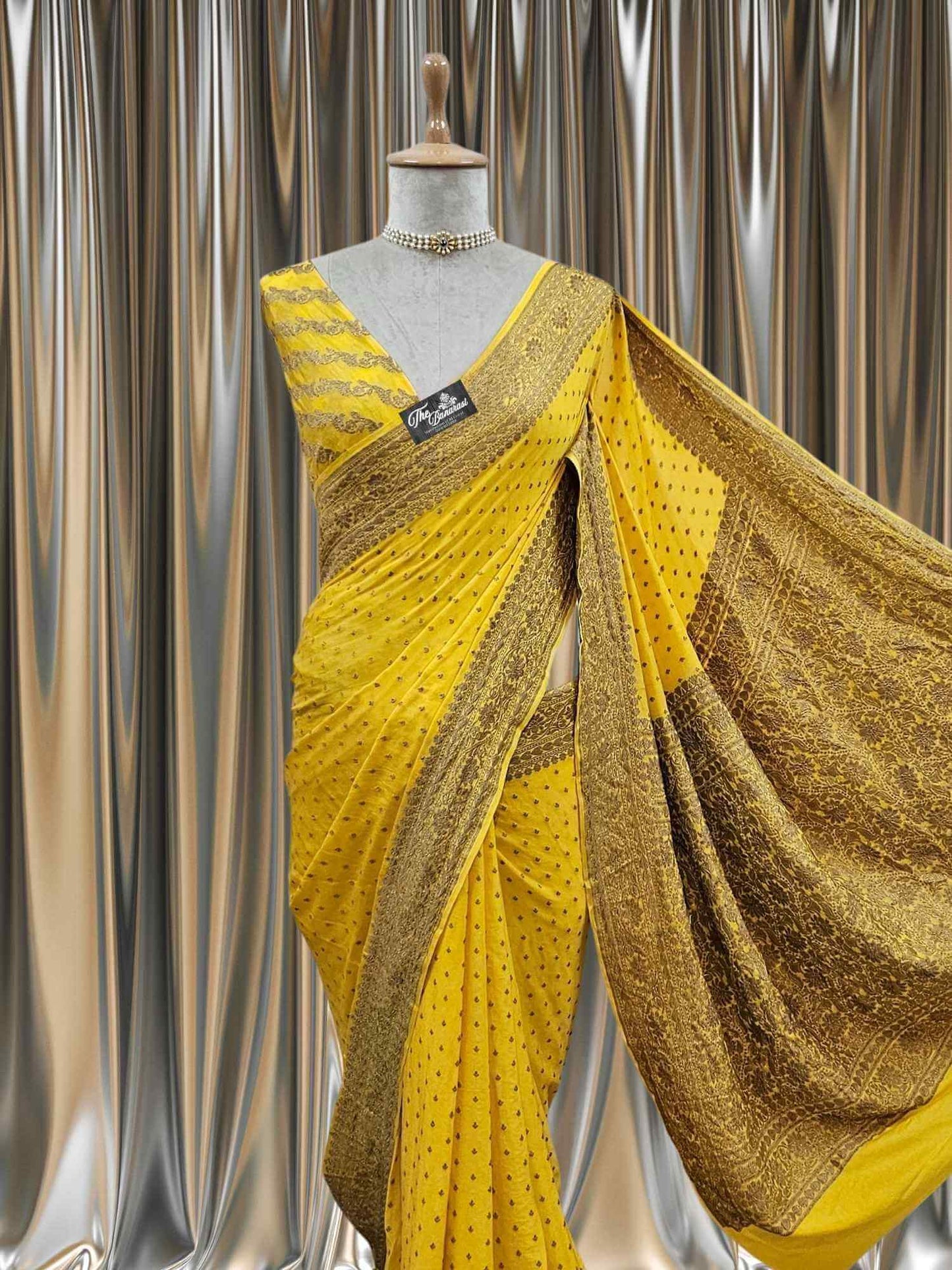 Close-up of Yellow Crep Georgette Handwoven Banarasi Saree with Antique Zari Work