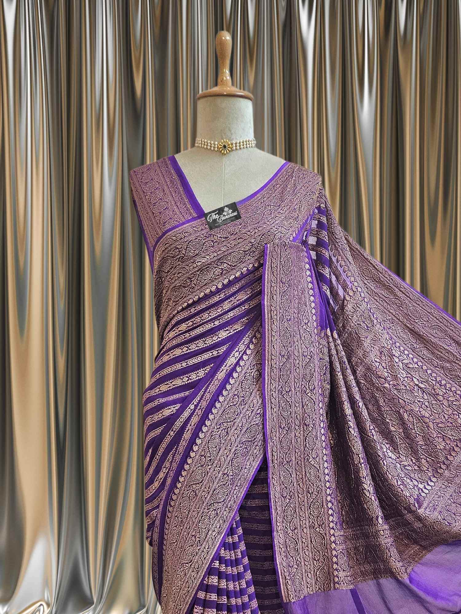 Close-up of Purple Khaddi Georgette Handwoven Banarasi Saree with Antique Zari Work