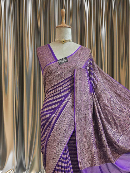 Close-up of Purple Khaddi Georgette Handwoven Banarasi Saree with Antique Zari Work