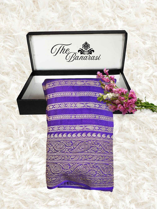 Purple Khaddi Georgette Handwoven Banarasi Saree with Antique Zari Work - Partial View