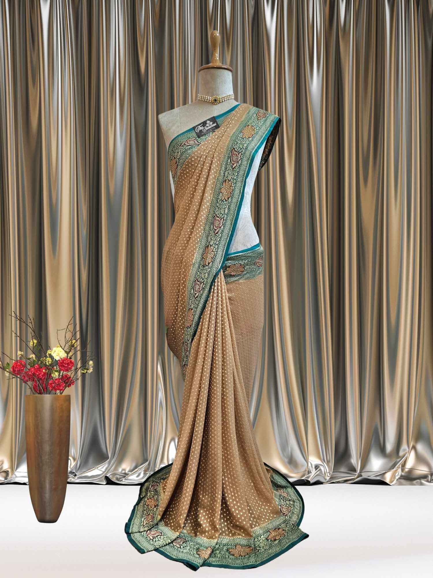 Mannequin wearing Wooden Brown Khaddi Georgette Handwoven Banarasi Saree with Antique Zari Work - Full View