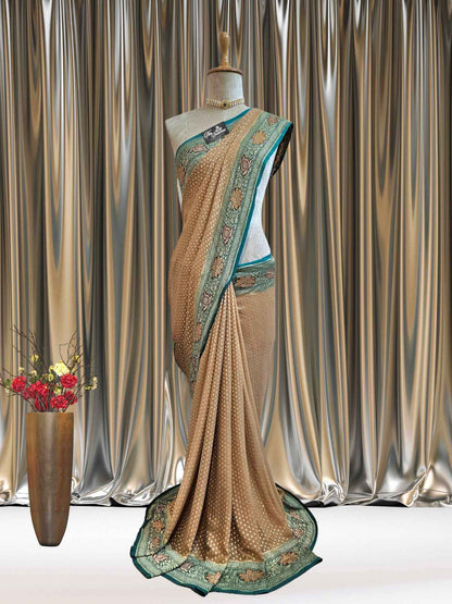 Mannequin wearing Wooden Brown Khaddi Georgette Handwoven Banarasi Saree with Antique Zari Work - Full View
