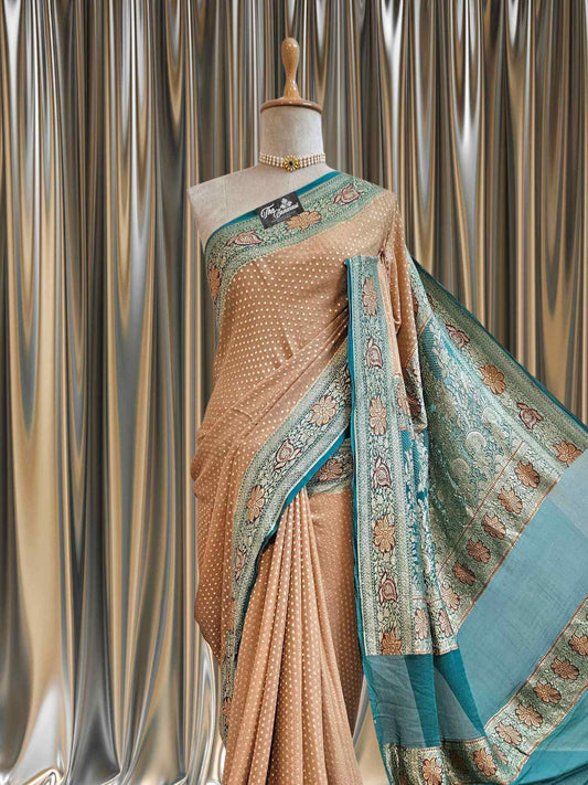 Close-up of Wooden Brown Khaddi Georgette Handwoven Banarasi Saree with Antique Zari Work