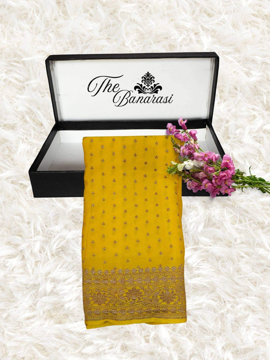Yellow Crep Khaddi Georgette Handwoven Banarasi Saree with Antique Zari Work - Partial View