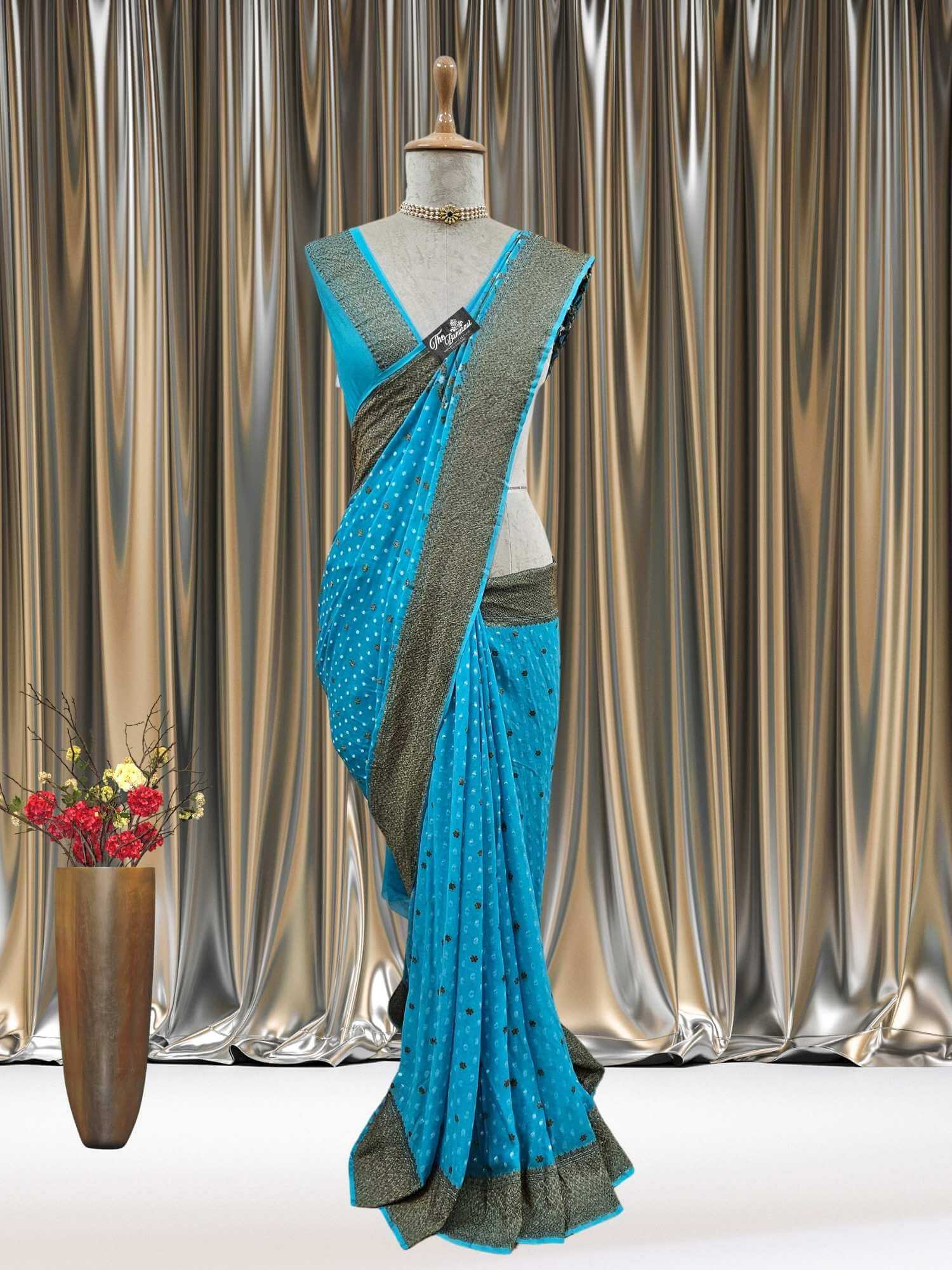 Mannequin wearing Arure Blue Khaddi Georgette Handwoven Banarasi Saree with Antique Zari Work - Full View