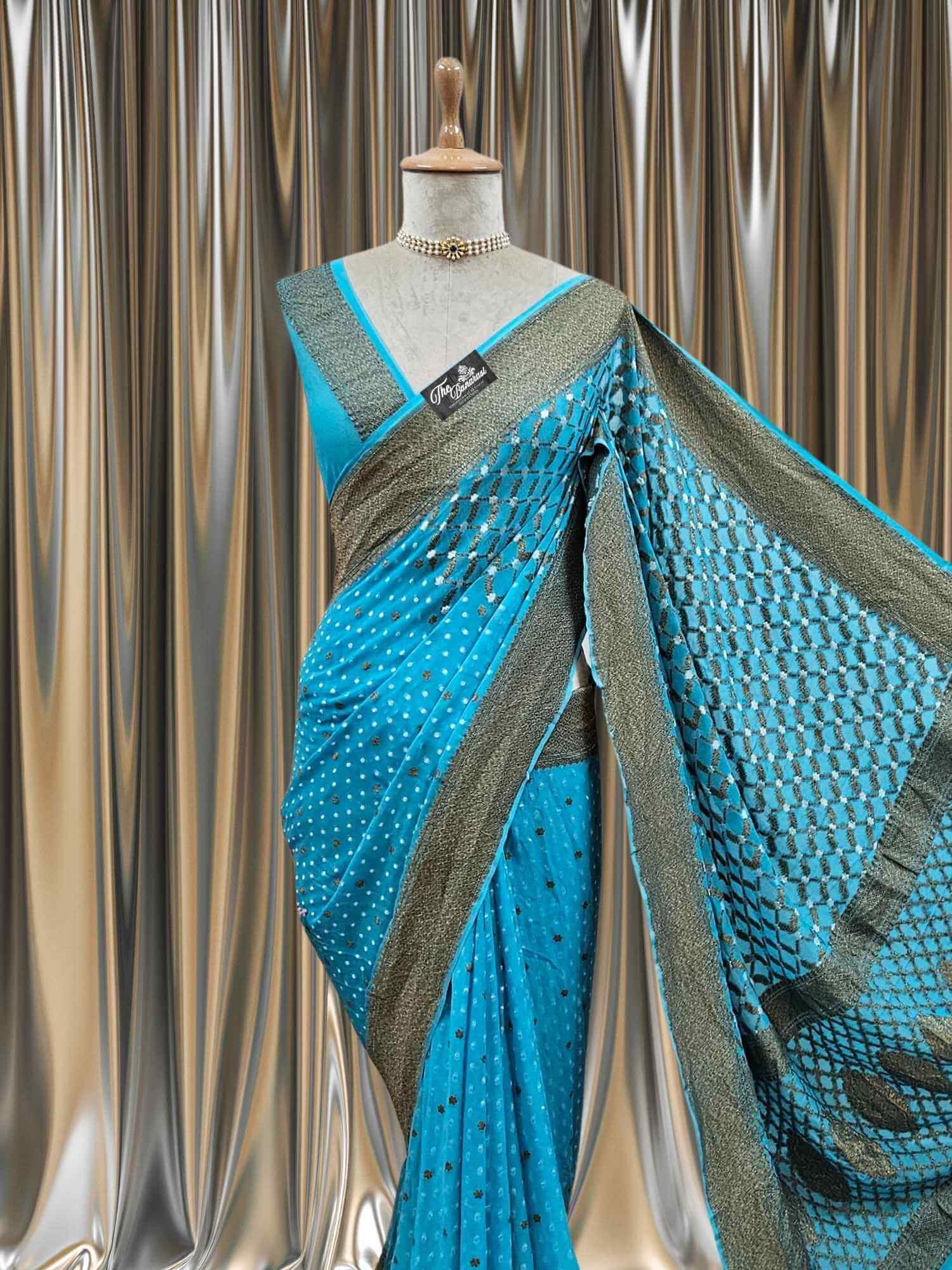 Close-up of Arure Blue Khaddi Georgette Handwoven Banarasi Saree with Antique Zari Work