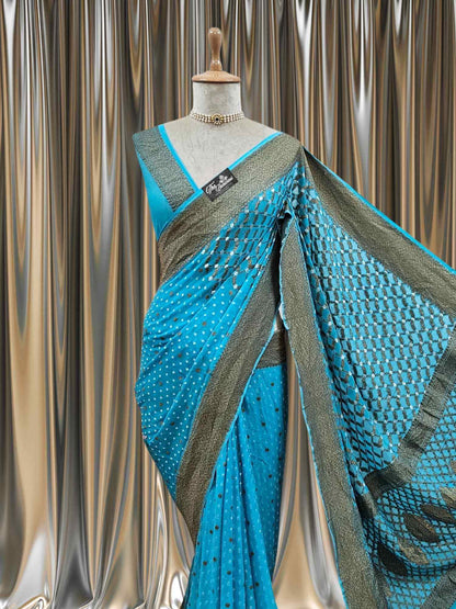 Close-up of Arure Blue Khaddi Georgette Handwoven Banarasi Saree with Antique Zari Work