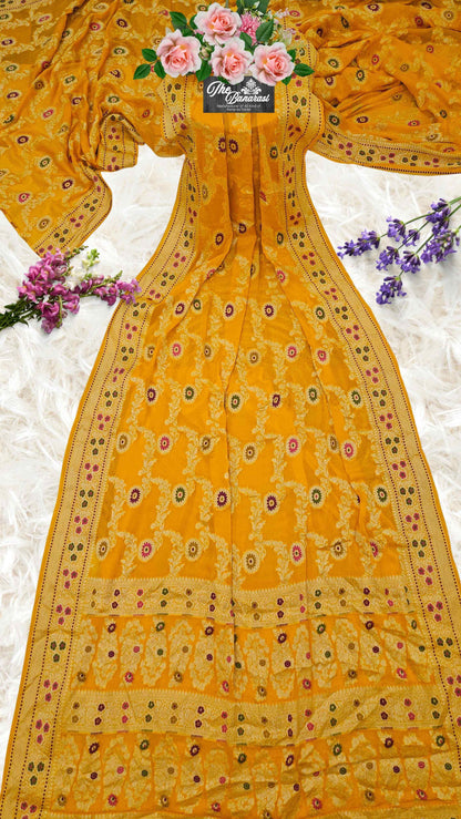Gold Yellow Pure Chiffon Meenakari Banarasi Handloom Saree