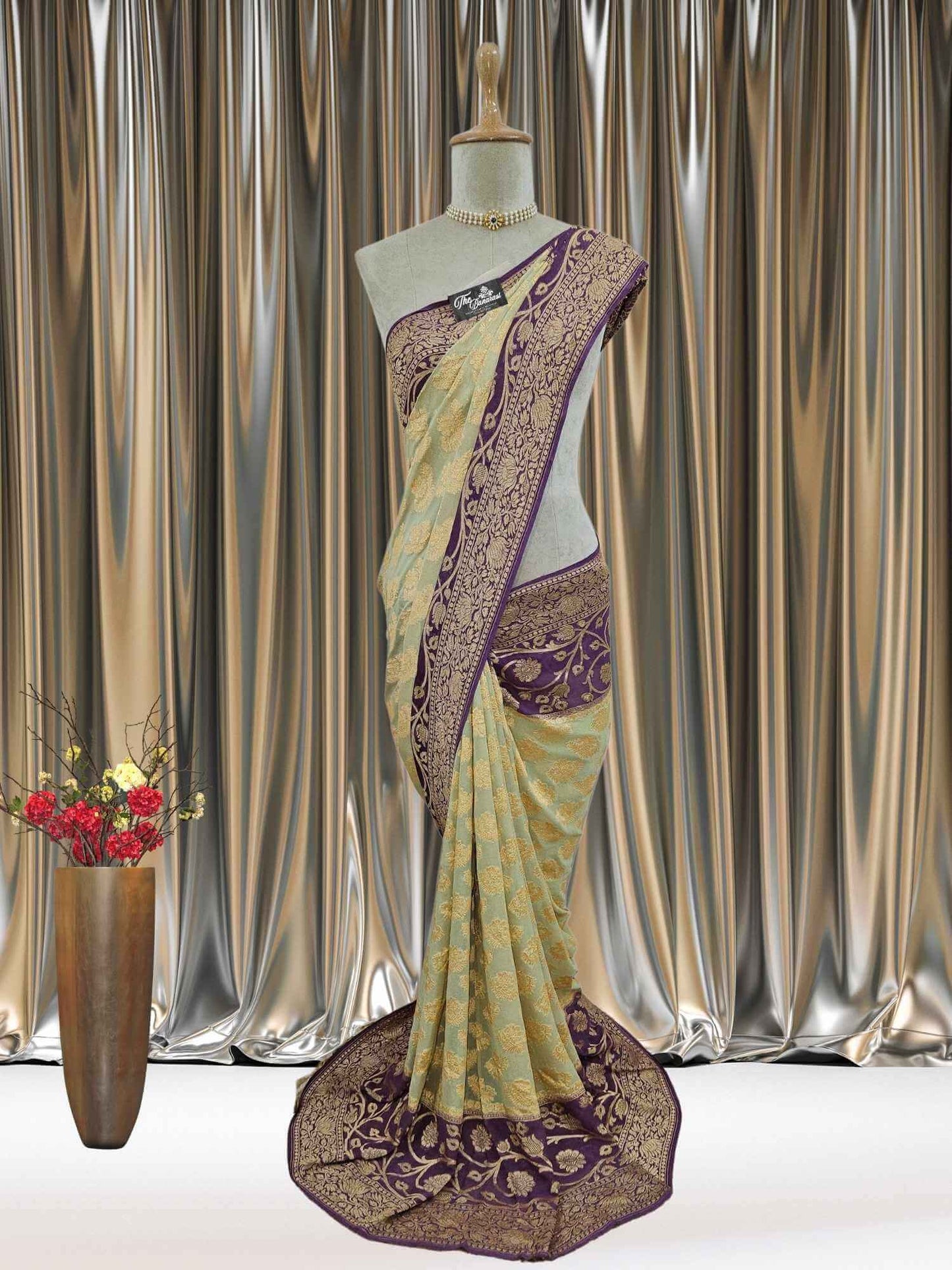 Mannequin wearing Lightweight Purple & Cream Color Handloom Chiffon Banarasi Saree with Gold Zari Work - Full View 
