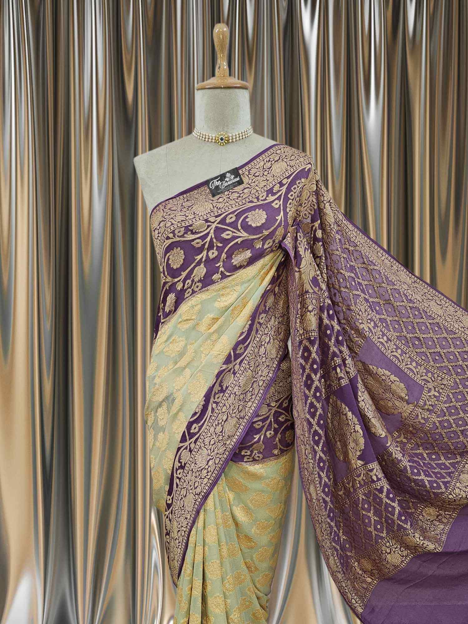 Close-up of Lightweight Purple & Cream Color Handloom Chiffon Banarasi Saree with Gold Zari Work