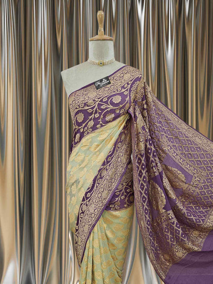Close-up of Lightweight Purple & Cream Color Handloom Chiffon Banarasi Saree with Gold Zari Work