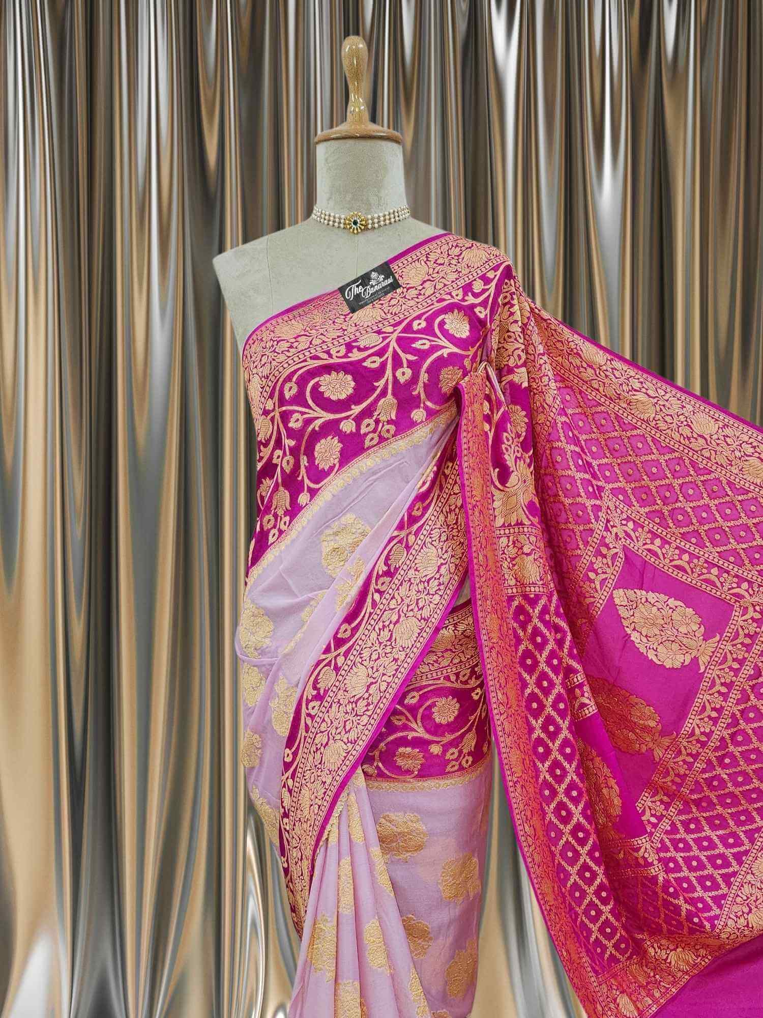 Close-up of Lightweight 2D Shade Handloom Chiffon Banarasi Saree with Gold Zari Work