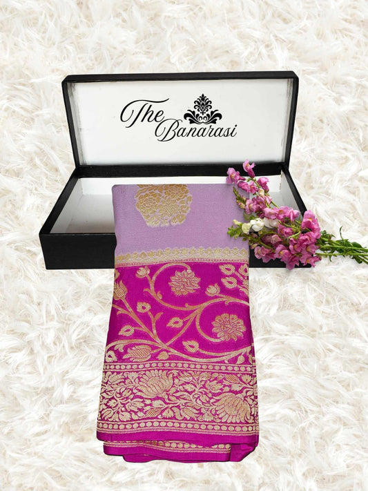 Lightweight 2D Shade Handloom Chiffon Banarasi Saree with Gold Zari Work - Partial View