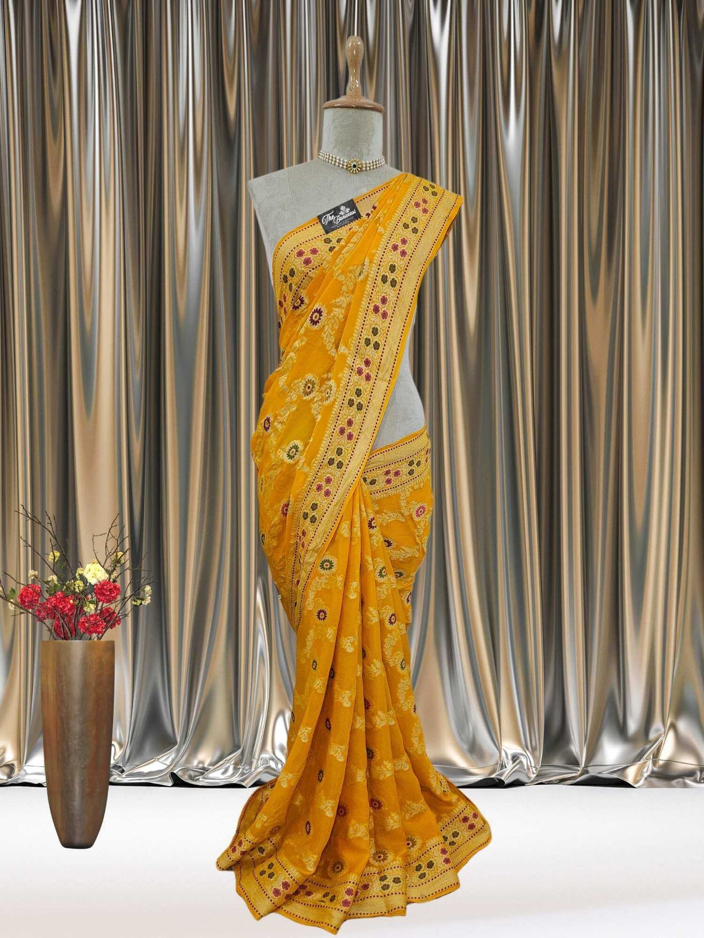 Gold Yellow Pure Chiffon Meenakari Banarasi Handloom Saree