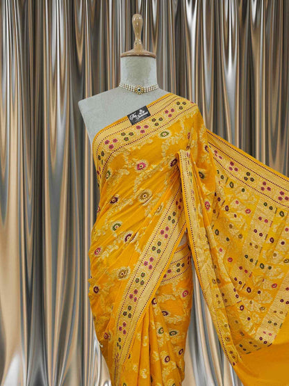 Gold Yellow Pure Chiffon Meenakari Banarasi Handloom Saree