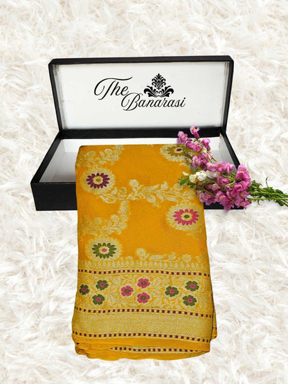 Gold Yellow Pure Chiffon Meenakari Banarasi Handloom Saree