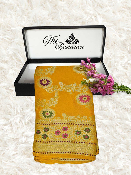 Gold Yellow Pure Chiffon Meenakari Banarasi Handloom Saree