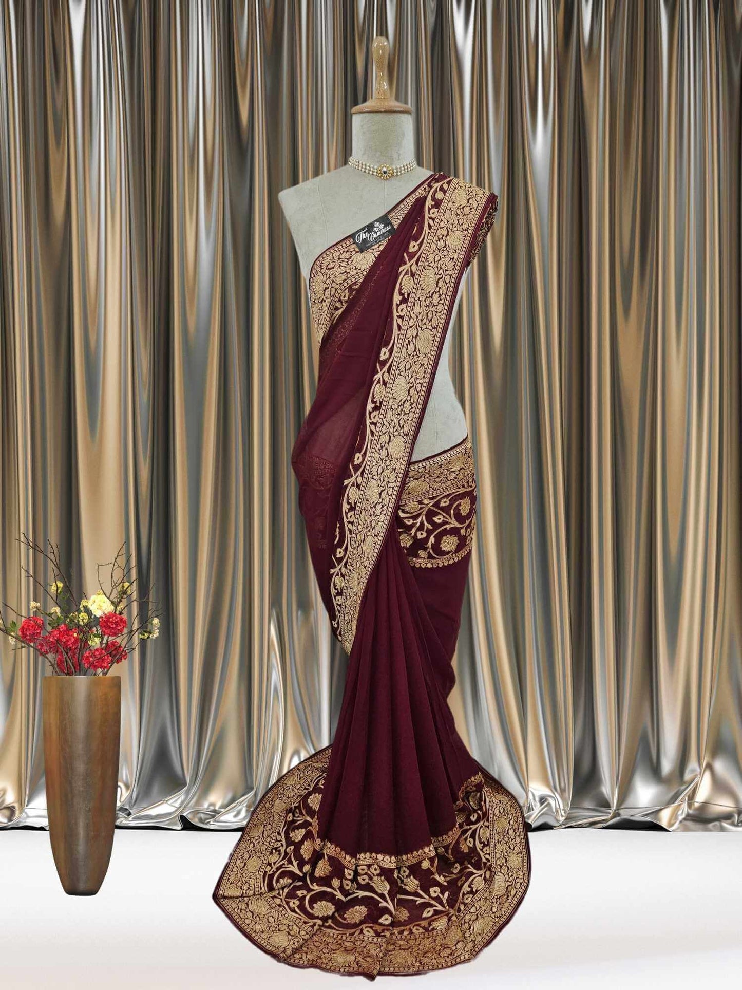 Mannequin wearing Lightweight Dark Maroon Handloom Chiffon Banarasi Saree with Gold Zari Work - Full View