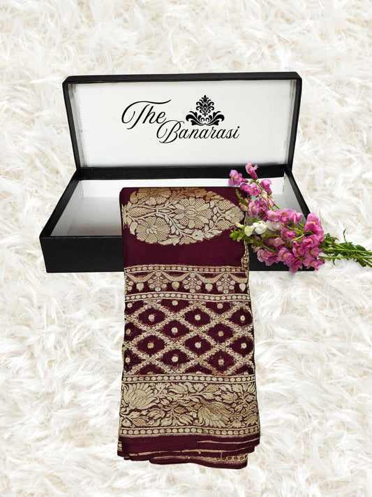 Lightweight Dark Maroon Handloom Chiffon Banarasi Saree with Gold Zari Work - Partial View