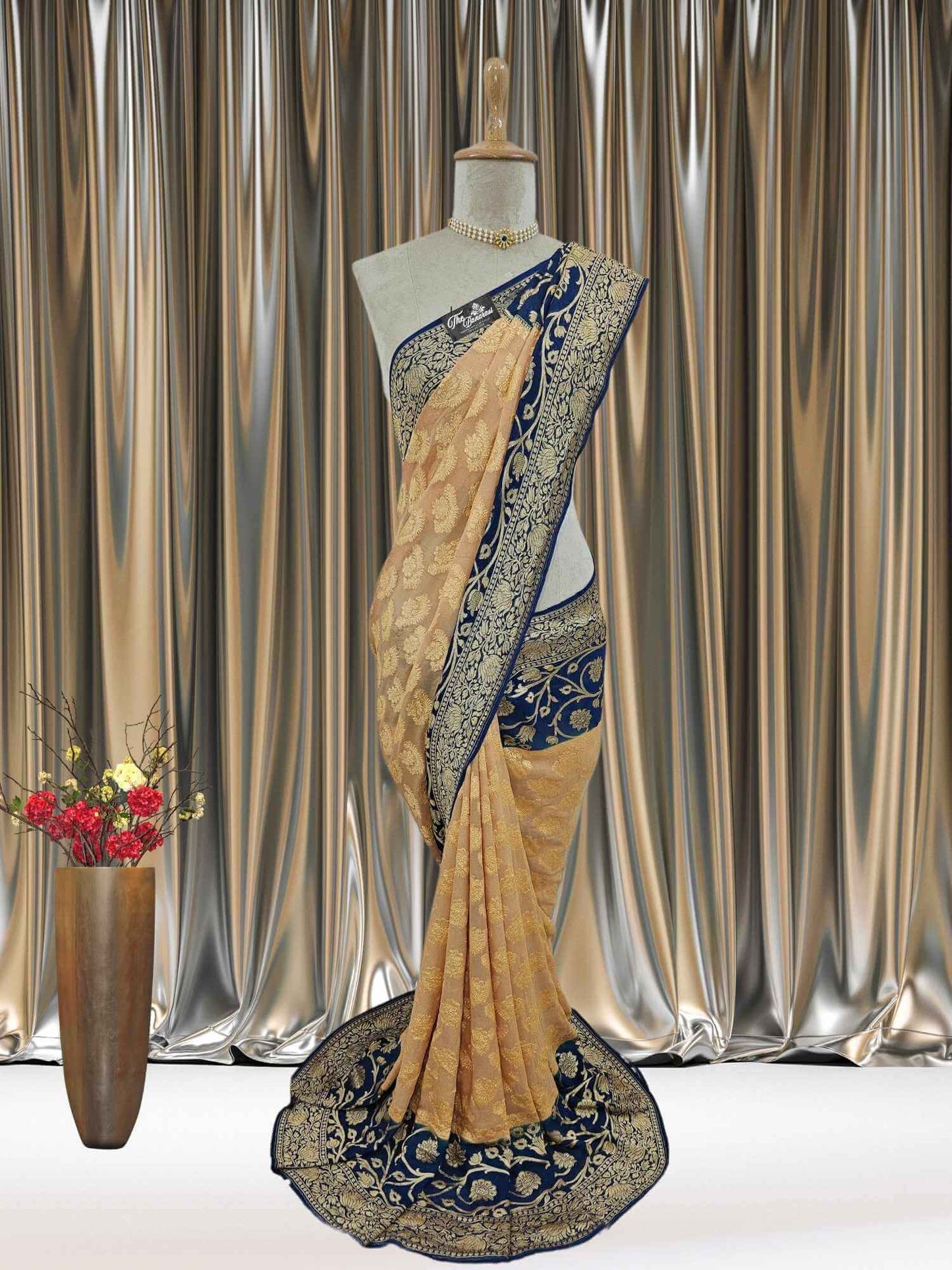 Mannequin wearing Lightweight Contrast Shade Handloom Chiffon Banarasi Saree with Gold Zari Work - Full View