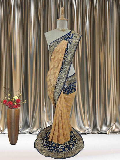 Mannequin wearing Lightweight Contrast Shade Handloom Chiffon Banarasi Saree with Gold Zari Work - Full View