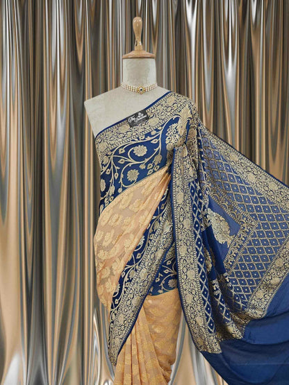 Close-up of Lightweight Contrast Shade Handloom Chiffon Banarasi Saree with Gold Zari Work