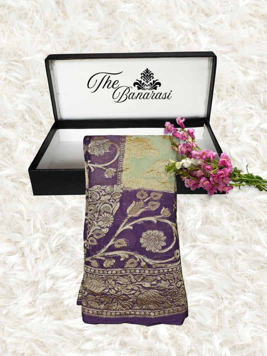 Lightweight Purple & Cream Color Handloom Chiffon Banarasi Saree with Gold Zari Work - Partial View