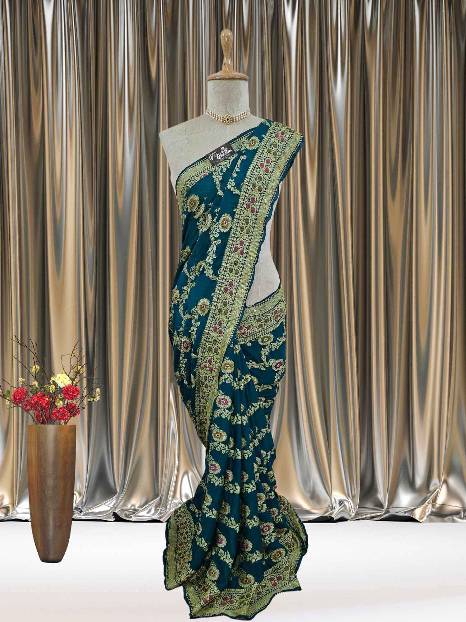 Mannequin wearing Lightweight Teal Handloom Chiffon Meenakari Banarasi Saree - Full View