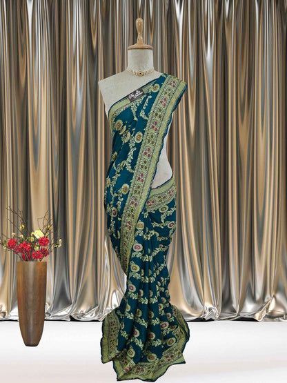 Mannequin wearing Lightweight Teal Handloom Chiffon Meenakari Banarasi Saree - Full View