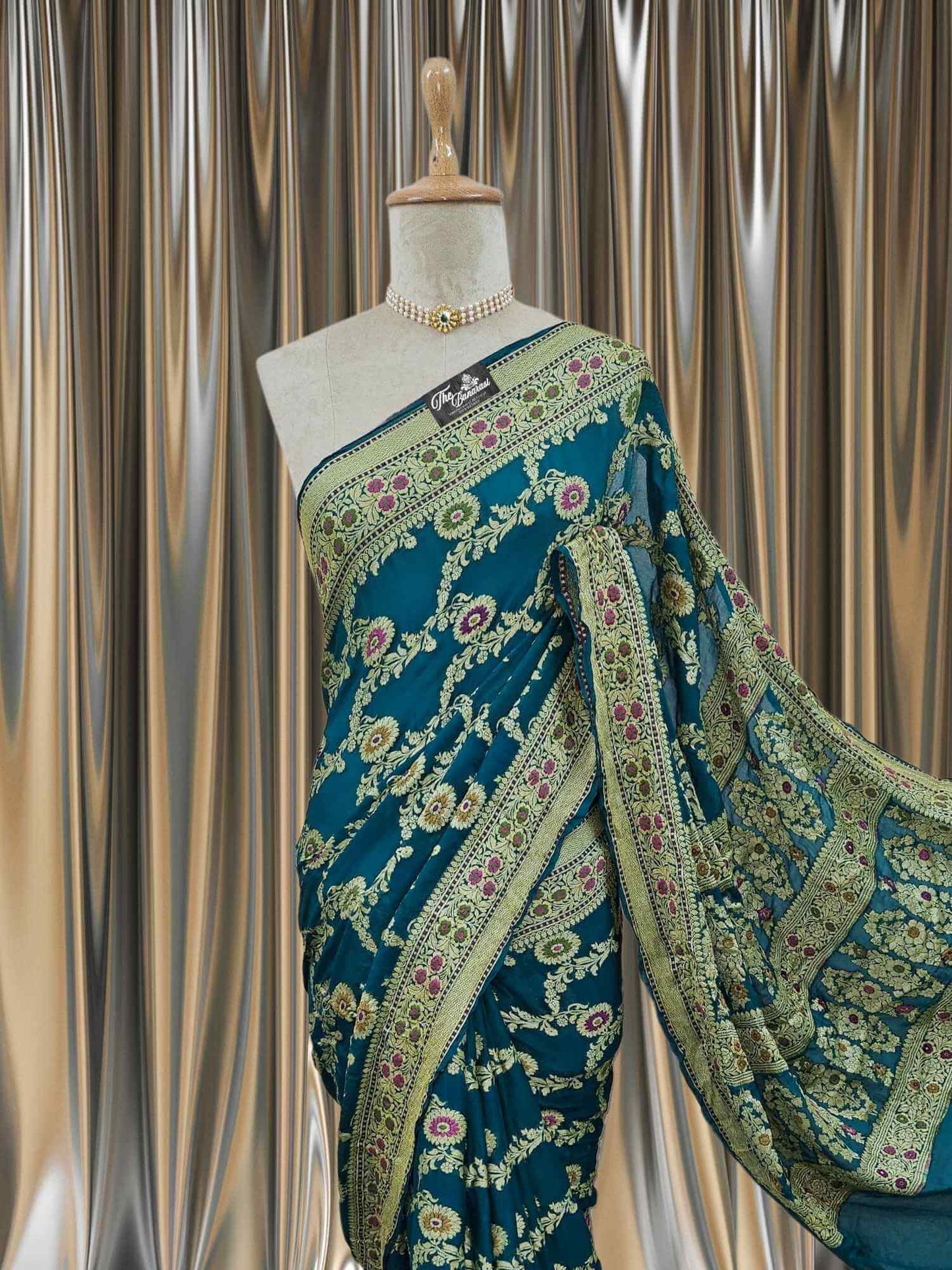 Close-up of Lightweight Teal Handloom Chiffon Meenakari Banarasi Saree 