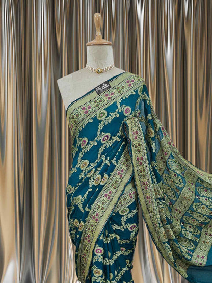 Close-up of Lightweight Teal Handloom Chiffon Meenakari Banarasi Saree 