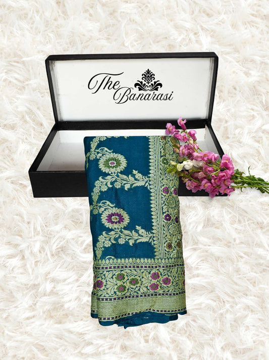 Lightweight Teal Handloom Chiffon Meenakari Banarasi Saree - Partial View