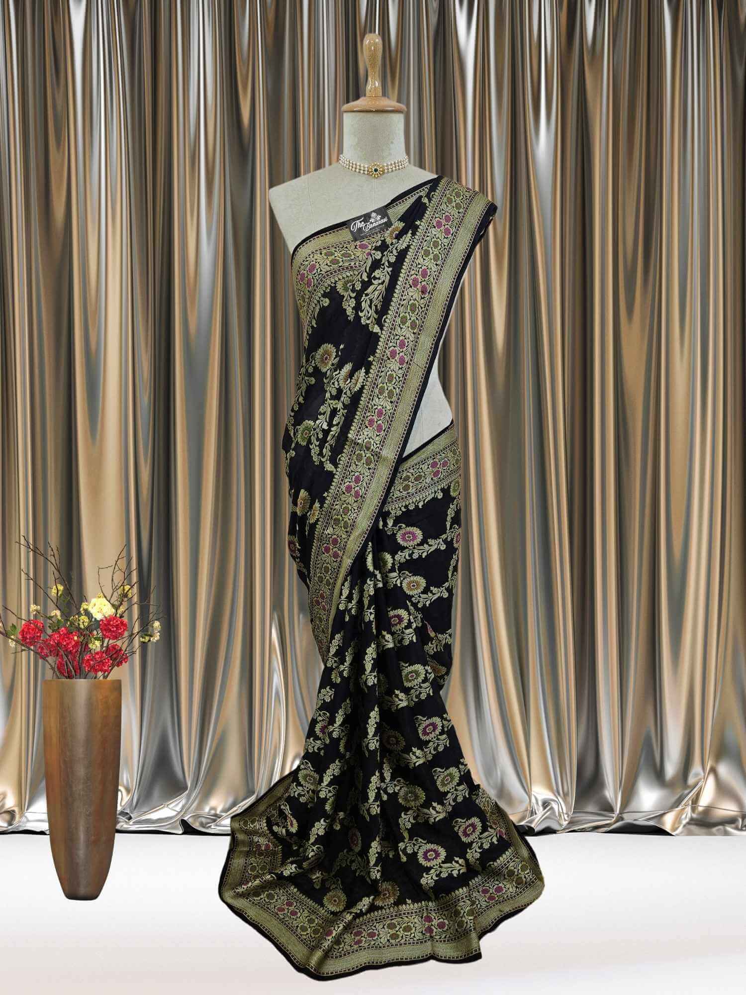 Mannequin wearing Lightweight Black Handloom Chiffon Meenakari Banarasi Saree - Full View