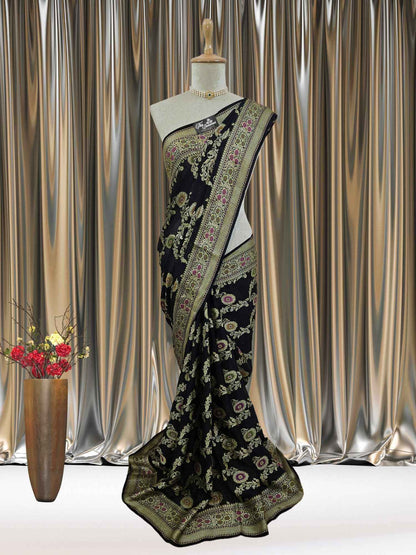 Mannequin wearing Lightweight Black Handloom Chiffon Meenakari Banarasi Saree - Full View
