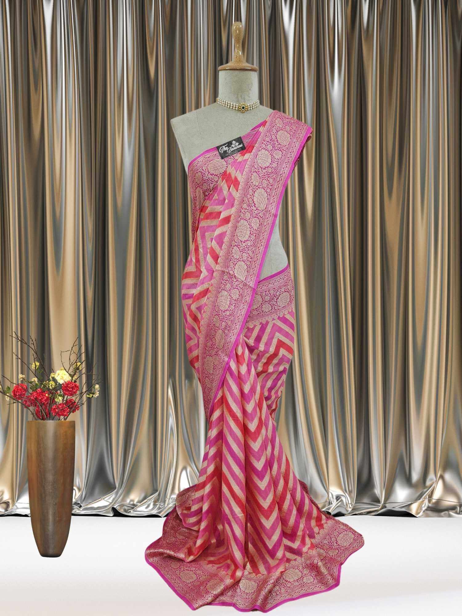 Mannequin wearing Lightweight Multi Color Handloom Chiffon Banarasi Saree with Neem Zari Work - Full View