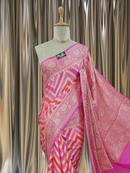 Close-up of Lightweight Multi Color Handloom Chiffon Banarasi Saree with Neem Zari Work