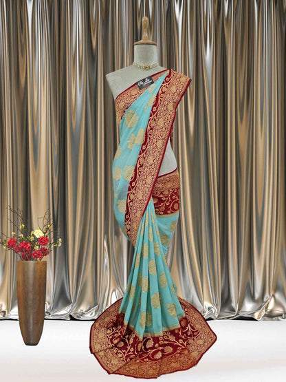 Mannequin wearing Lightweight Two Tone Handloom Chiffon Banarasi Saree with Gold Zari Work - Full View