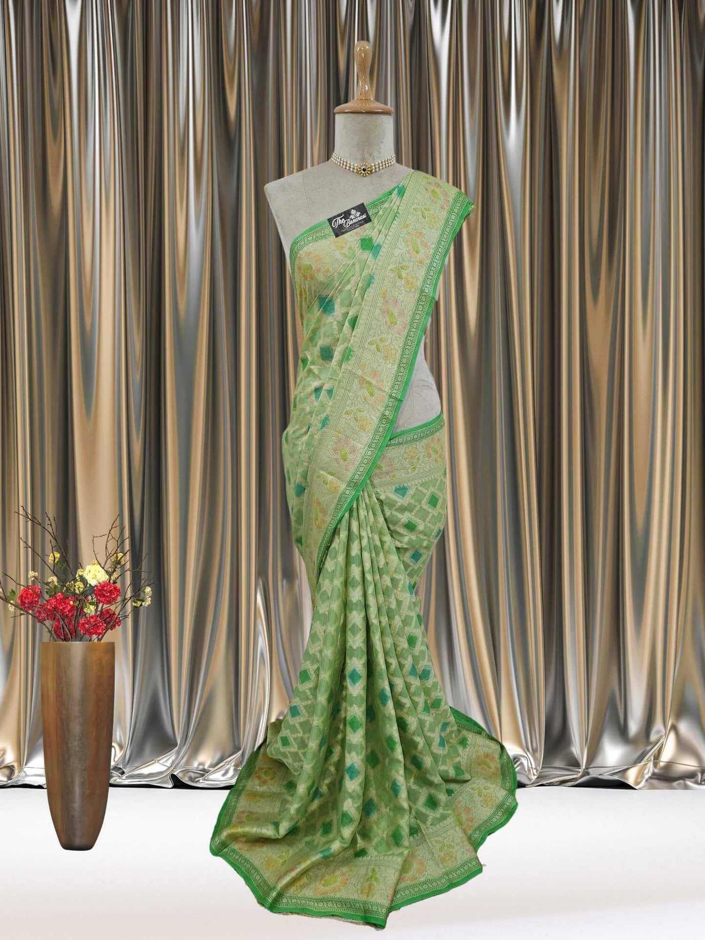 Mannequin wearing Lightweight Pistachio Green Handloom Chiffon Banarasi Saree with Water Zari Work - Full View