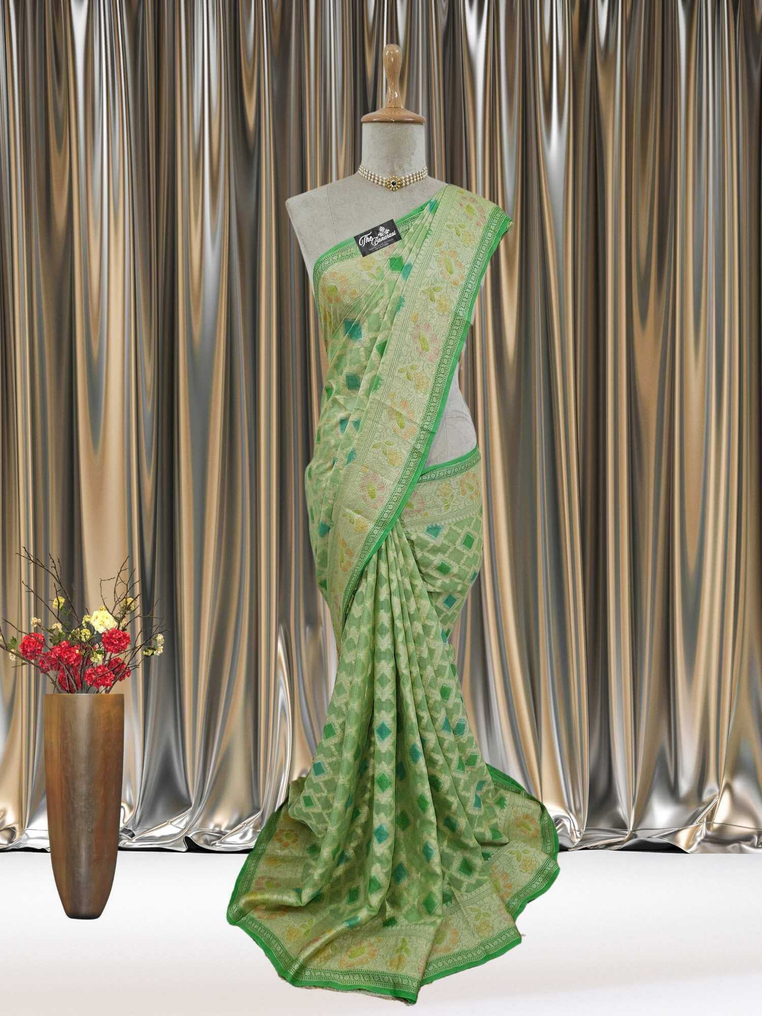 Mannequin wearing Lightweight Pistachio Green Handloom Chiffon Banarasi Saree with Water Zari Work - Full View