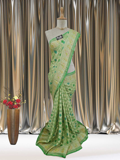 Mannequin wearing Lightweight Pistachio Green Handloom Chiffon Banarasi Saree with Water Zari Work - Full View