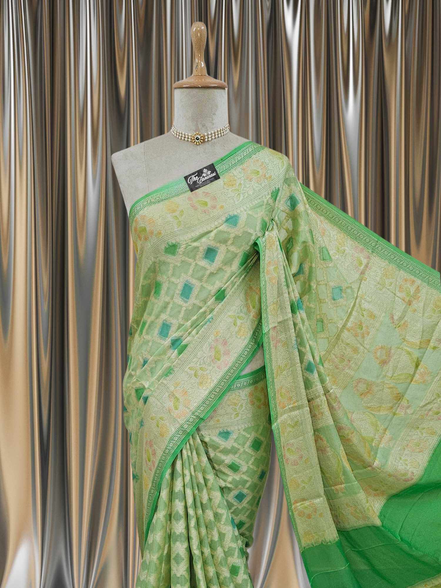 Close-up of Lightweight Pistachio Green Handloom Chiffon Banarasi Saree with Water Zari Work