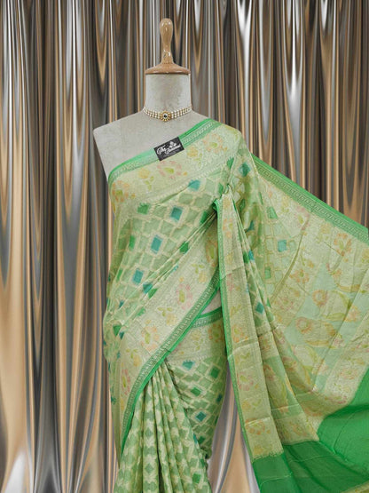 Close-up of Lightweight Pistachio Green Handloom Chiffon Banarasi Saree with Water Zari Work