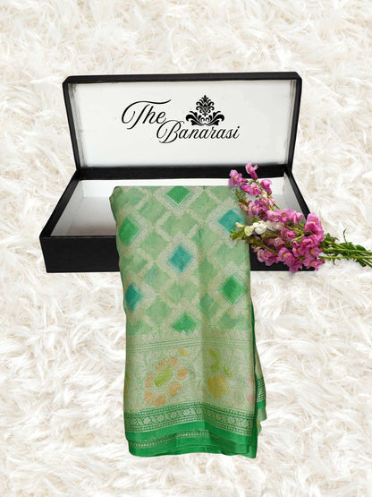 Lightweight Pistachio Green Handloom Chiffon Banarasi Saree with Water Zari Work - Partial View