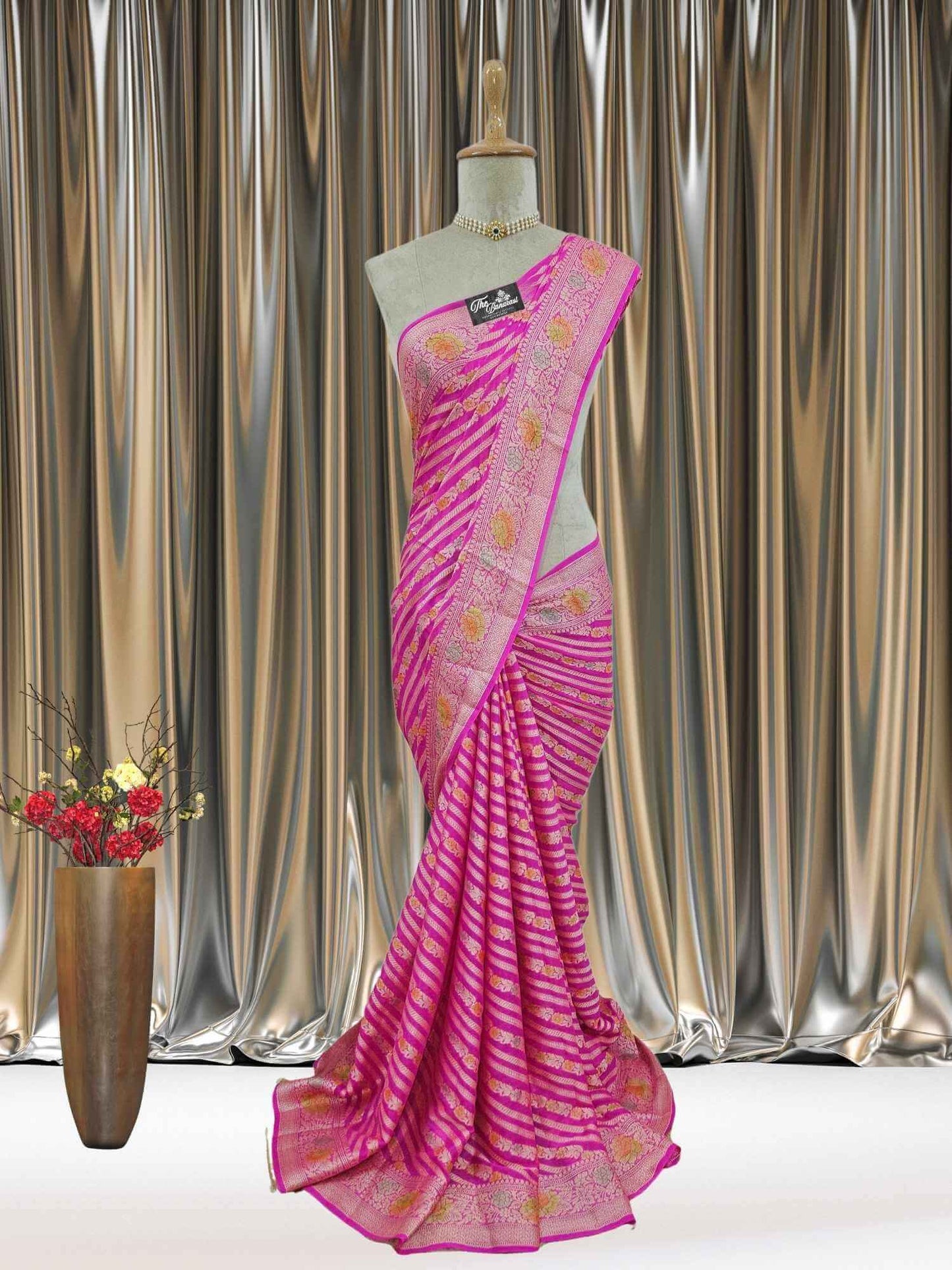 Bright Pink Pure Chiffon Banarasi Handloom Saree