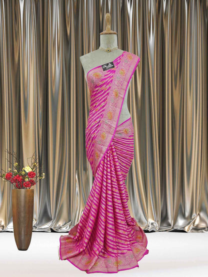Bright Pink Pure Chiffon Banarasi Handloom Saree