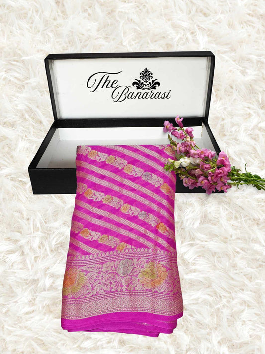 Bright Pink Pure Chiffon Banarasi Handloom Saree