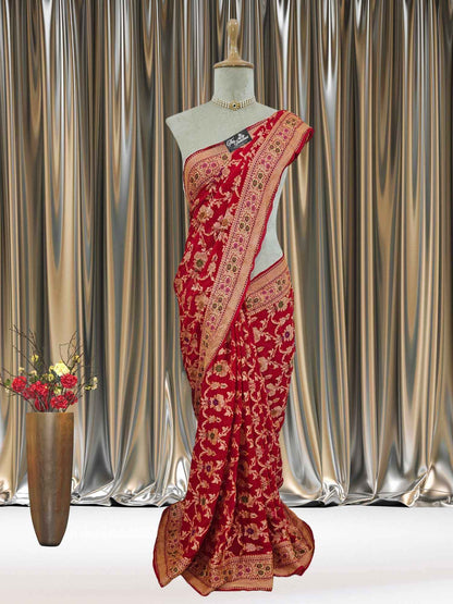 Mannequin wearing Lightweight Ruby Red Handloom Chiffon Meenakari Banarasi Saree - Full View