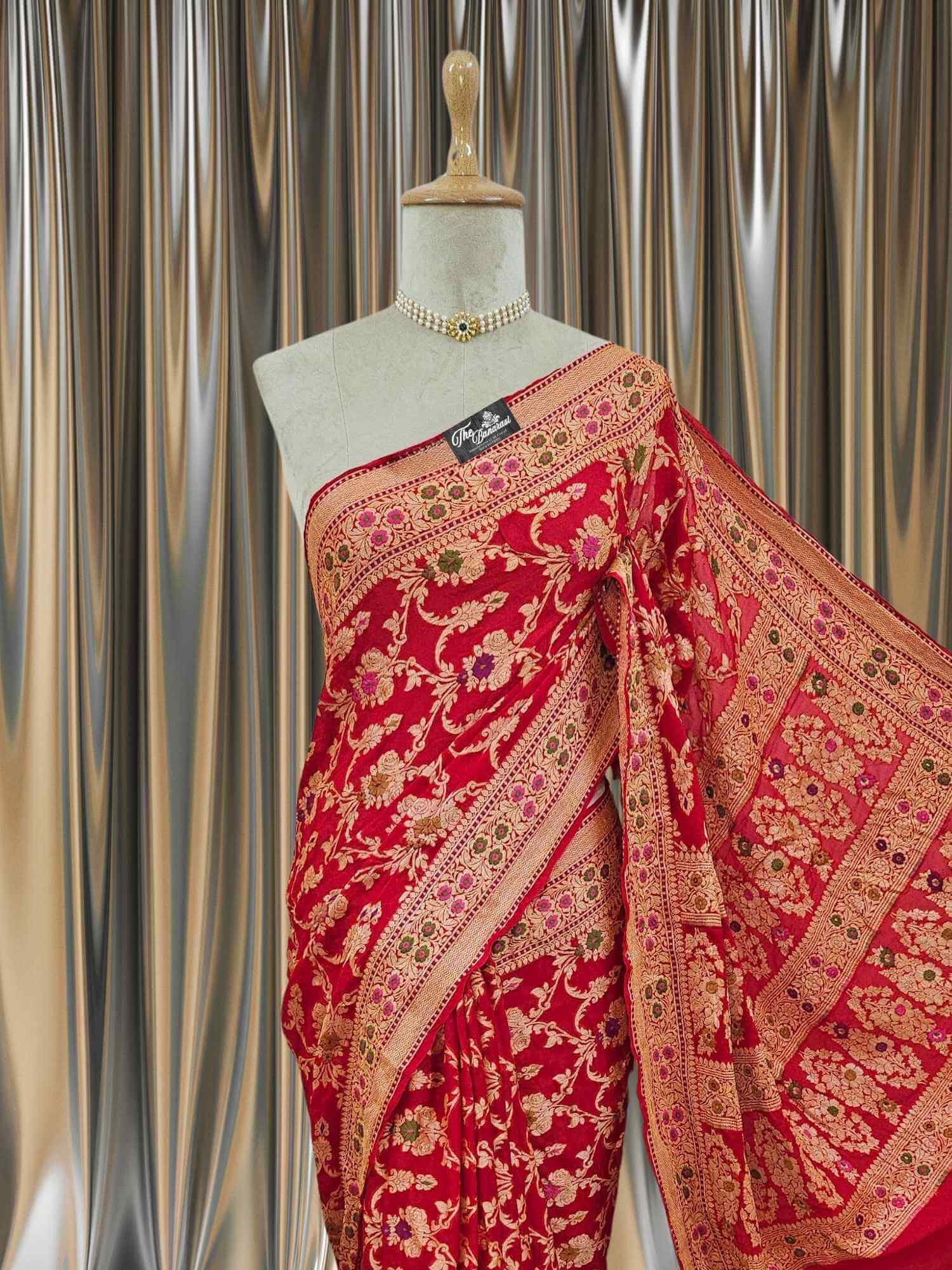 Close-up of Lightweight Ruby Red Handloom Chiffon Meenakari Banarasi Saree 
