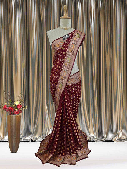 Mannequin wearing Lightweight Deep Maroon Handloom Chiffon Banarasi Saree with Gold Zari Work - Full View