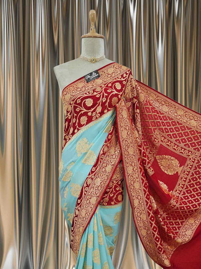 Close-up of Lightweight Two Tone Handloom Chiffon Banarasi Saree with Gold Zari Work